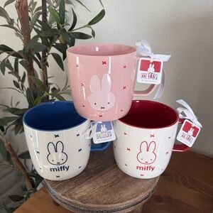 Set of 3 Magenta MIFFY Bunny Cute Embossed Ceramic Coffee Mugs Blue Red Pink NWT